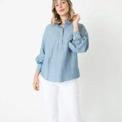 Anaya Popover Shirt In Extra Light Washed Cotolino Chambray -Chicorya Sales S70927 5