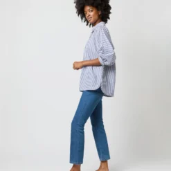 Volume Kimono Shirt In Blue/White Stripe Chambray -Chicorya Sales S70948 2235