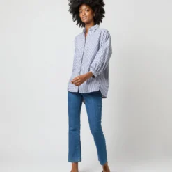 Volume Kimono Shirt In Blue/White Stripe Chambray -Chicorya Sales S70948 2263