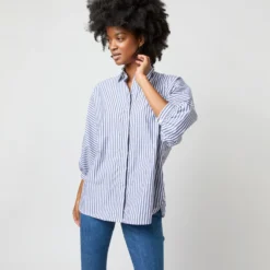 Volume Kimono Shirt In Blue/White Stripe Chambray -Chicorya Sales S70948 2279