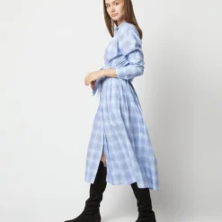 Kimono Shirtwaist Dress In Blue Multi Check Plaid Poplin -Chicorya Sales S71356 1085