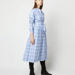 Kimono Shirtwaist Dress In Blue Multi Check Plaid Poplin -Chicorya Sales S71356 1112