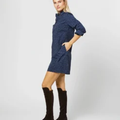 Long-Sleeved Popover Dress In Blue/Navy Leopard Print Nylon -Chicorya Sales S71357 748