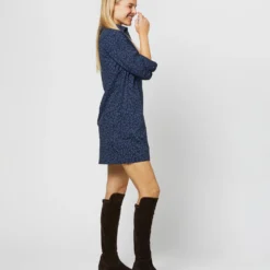 Long-Sleeved Popover Dress In Blue/Navy Leopard Print Nylon -Chicorya Sales S71357 764