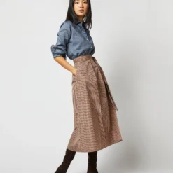 Elana Wrap Skirt In Red/Brown Check Taffeta -Chicorya Sales S71359 257