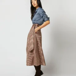 Elana Wrap Skirt In Red/Brown Check Taffeta -Chicorya Sales S71359 286