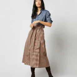 Elana Wrap Skirt In Red/Brown Check Taffeta -Chicorya Sales S71359 293