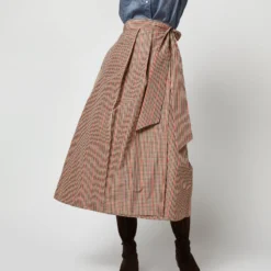 Elana Wrap Skirt In Red/Brown Check Taffeta -Chicorya Sales S71359 326