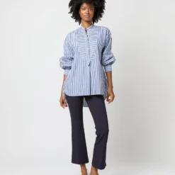 Indira Bib-Front Tunic In Navy Awning Stripe Poplin