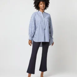 Indira Bib-Front Tunic In Navy Awning Stripe Poplin -Chicorya Sales S71362 1997