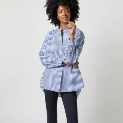 Indira Bib-Front Tunic In Navy Awning Stripe Poplin -Chicorya Sales S71362 2017