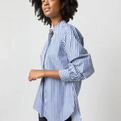 Indira Bib-Front Tunic In Navy Awning Stripe Poplin -Chicorya Sales S71362 2063