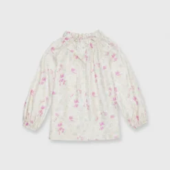 Button-Front Kamille Blouse In Khaki/Pink Butterflies Silk Twill