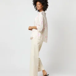 Button-Front Kamille Blouse In Khaki/Pink Butterflies Silk Twill -Chicorya Sales S71366 2599