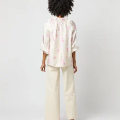 Button-Front Kamille Blouse In Khaki/Pink Butterflies Silk Twill -Chicorya Sales S71366 2602