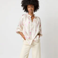 Button-Front Kamille Blouse In Khaki/Pink Butterflies Silk Twill -Chicorya Sales S71366 2628