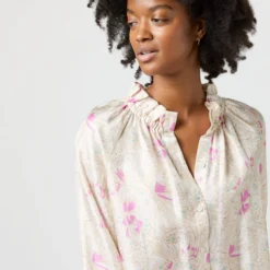 Button-Front Kamille Blouse In Khaki/Pink Butterflies Silk Twill -Chicorya Sales S71366 2651