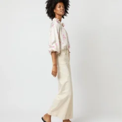 Button-Front Kamille Blouse In Khaki/Pink Butterflies Silk Twill -Chicorya Sales S71366 2693