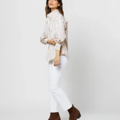 Anaya Popover Shirt In Taupe/White Multi Stripe Poplin -Chicorya Sales S71371 2098