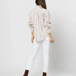 Anaya Popover Shirt In Taupe/White Multi Stripe Poplin -Chicorya Sales S71371 2105