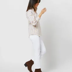 Anaya Popover Shirt In Taupe/White Multi Stripe Poplin -Chicorya Sales S71371 2118