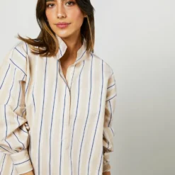 Anaya Popover Shirt In Taupe/White Multi Stripe Poplin -Chicorya Sales S71371 2155