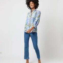 Geraldine Popover Shirt In Blue Multi Angela's Garden Habotai 12 Geraldine Popover Shirt In Blue Multi Angela's Garden Habotai -Chicorya Sales S71372 2348