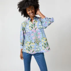 Geraldine Popover Shirt In Blue Multi Angela's Garden Habotai 14 Geraldine Popover Shirt In Blue Multi Angela's Garden Habotai -Chicorya Sales S71372 2391