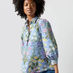 Geraldine Popover Shirt In Blue Multi Angela's Garden Habotai 11 Geraldine Popover Shirt In Blue Multi Angela's Garden Habotai -Chicorya Sales S71372 2401
