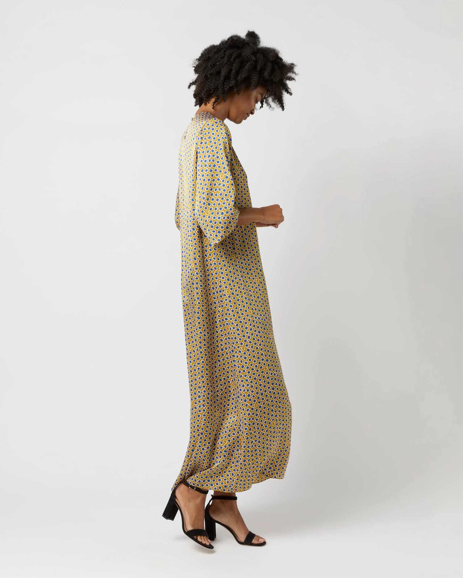 Long-Sleeved Paige Maxi Dress In Gold/Sapphire Sunflower Charmeuse 6 Long-Sleeved Paige Maxi Dress In Gold/Sapphire Sunflower Charmeuse - Image 4