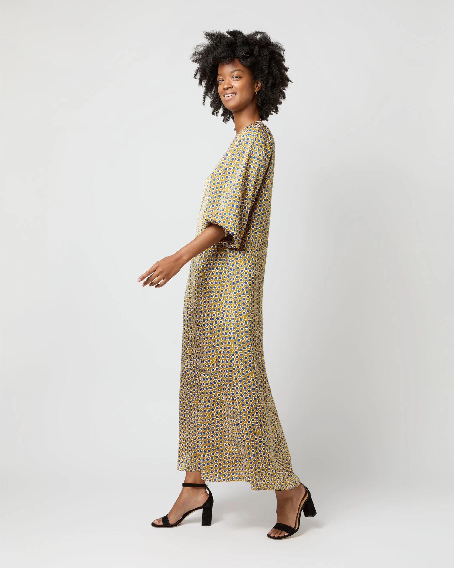 Long-Sleeved Paige Maxi Dress In Gold/Sapphire Sunflower Charmeuse 5 Long-Sleeved Paige Maxi Dress In Gold/Sapphire Sunflower Charmeuse - Image 3