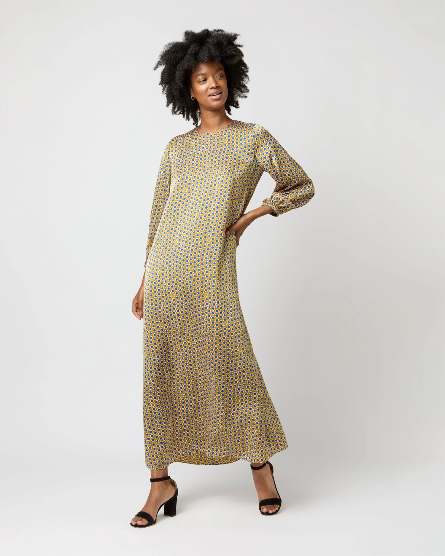Long-Sleeved Paige Maxi Dress In Gold/Sapphire Sunflower Charmeuse 3 Long-Sleeved Paige Maxi Dress In Gold/Sapphire Sunflower Charmeuse