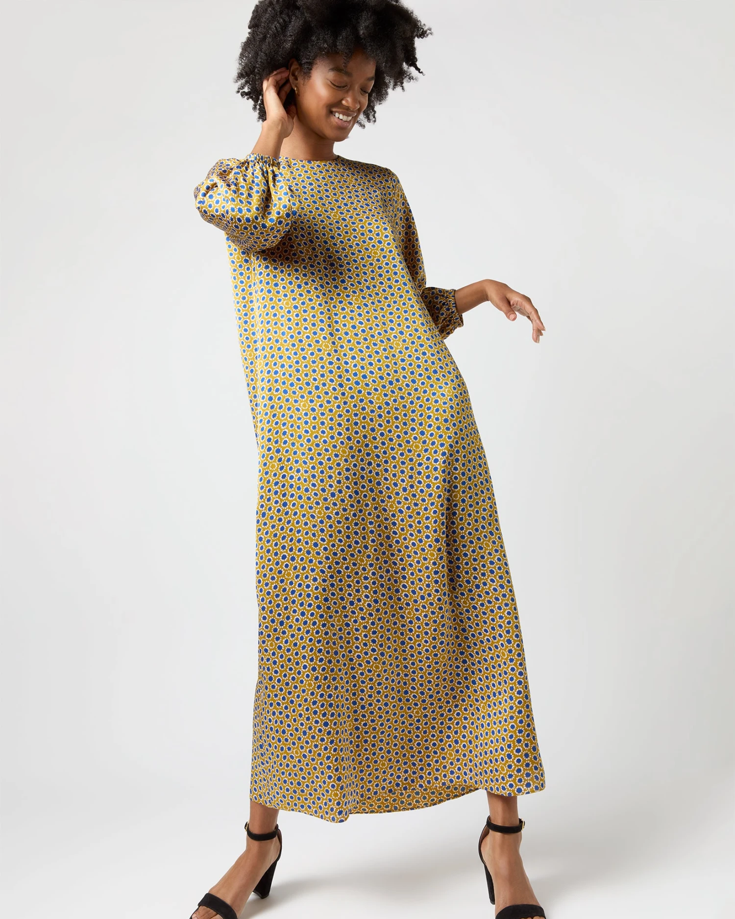 Long-Sleeved Paige Maxi Dress In Gold/Sapphire Sunflower Charmeuse 8 Long-Sleeved Paige Maxi Dress In Gold/Sapphire Sunflower Charmeuse - Image 6