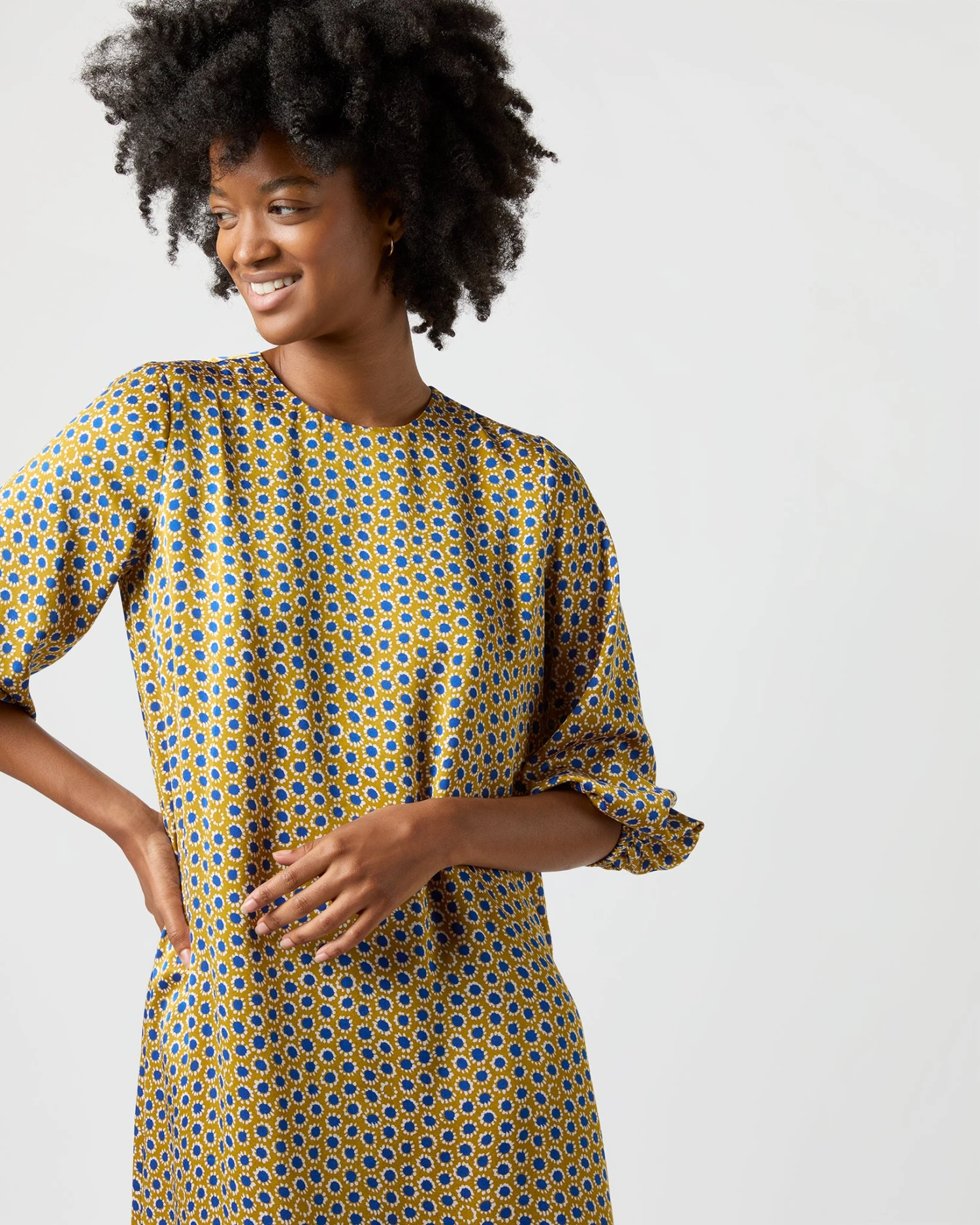 Long-Sleeved Paige Maxi Dress In Gold/Sapphire Sunflower Charmeuse 4 Long-Sleeved Paige Maxi Dress In Gold/Sapphire Sunflower Charmeuse - Image 2