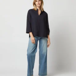 Camilla Top In Navy Double-Weave Wool -Chicorya Sales S71389 2229