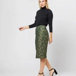 Pull-On Skirt In Hunter/Gold Floral Jacquard -Chicorya Sales S71395 1255