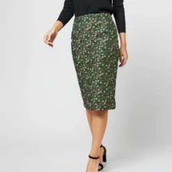 Pull-On Skirt In Hunter/Gold Floral Jacquard -Chicorya Sales S71395 1285