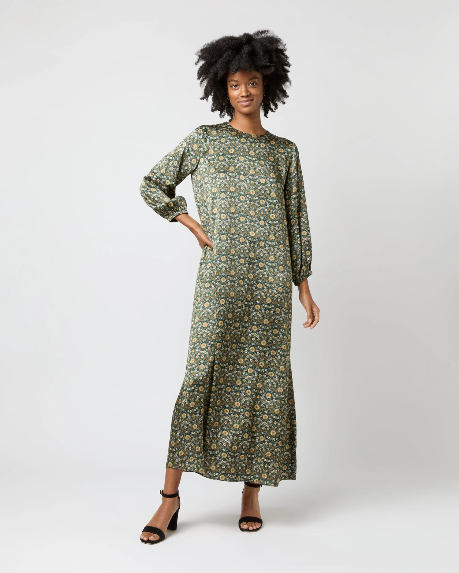 Long-Sleeved Paige Maxi Dress In Hunter/Gold Moon Flower Liberty Fabric Silk 3 Long-Sleeved Paige Maxi Dress In Hunter/Gold Moon Flower Liberty Fabric Silk