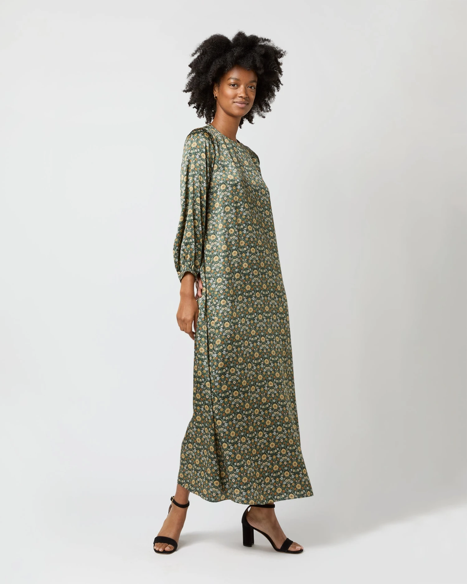 Long-Sleeved Paige Maxi Dress In Hunter/Gold Moon Flower Liberty Fabric Silk 6 Long-Sleeved Paige Maxi Dress In Hunter/Gold Moon Flower Liberty Fabric Silk - Image 4