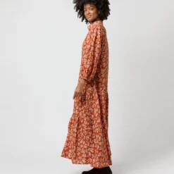 Isla Shirtdress In Orange Autumn Floral Crinkle Cotton -Chicorya Sales S71402 845