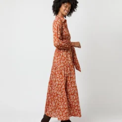 Isla Shirtdress In Orange Autumn Floral Crinkle Cotton -Chicorya Sales S71402 899