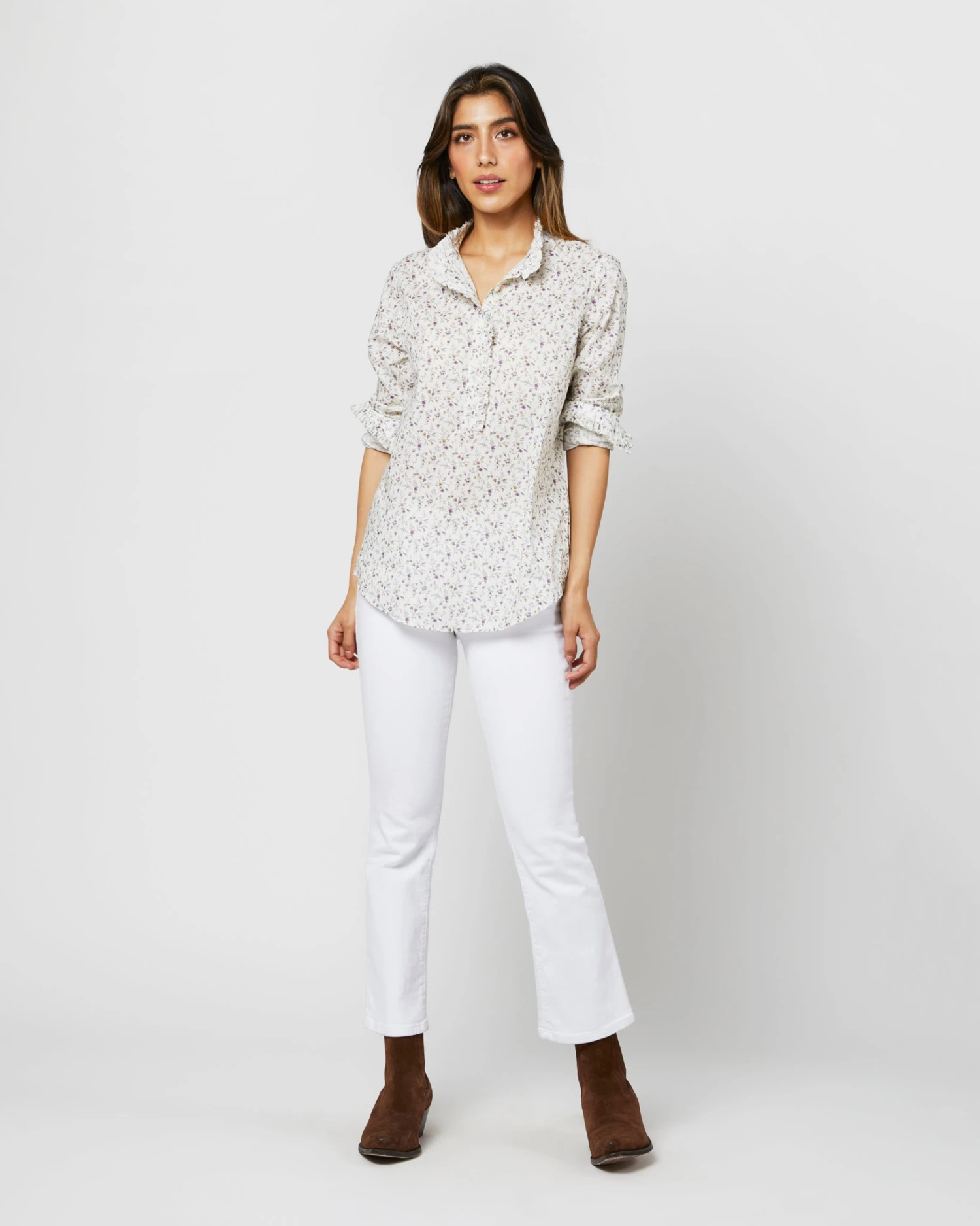 Frill Shirt In Ivory/Lavender Emma Victoria Liberty Fabric 3 Frill Shirt In Ivory/Lavender Emma Victoria Liberty Fabric