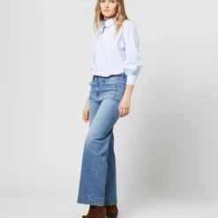 Anaya Popover Shirt In Light Blue Stripe Poplin -Chicorya Sales S71406 2189