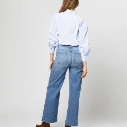 Anaya Popover Shirt In Light Blue Stripe Poplin -Chicorya Sales S71406 2192