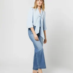 Helene Tie-Neck Blouse In Pale Blue Silk Crepe De Chine 14 Helene Tie-Neck Blouse In Pale Blue Silk Crepe De Chine -Chicorya Sales S71408 2381