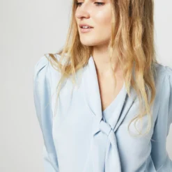 Helene Tie-Neck Blouse In Pale Blue Silk Crepe De Chine 10 Helene Tie-Neck Blouse In Pale Blue Silk Crepe De Chine -Chicorya Sales S71408 2444