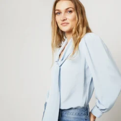 Helene Tie-Neck Blouse In Pale Blue Silk Crepe De Chine 12 Helene Tie-Neck Blouse In Pale Blue Silk Crepe De Chine -Chicorya Sales S71408 2446