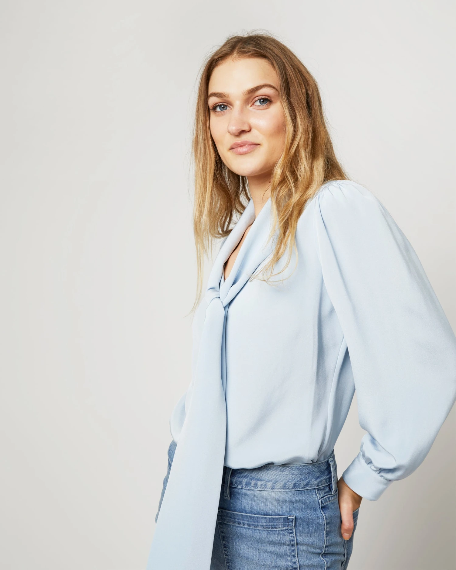 Helene Tie-Neck Blouse In Pale Blue Silk Crepe De Chine 6 Helene Tie-Neck Blouse In Pale Blue Silk Crepe De Chine - Image 4