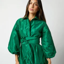 Isla Shirtdress In Green Silk Taffeta 13 Isla Shirtdress In Green Silk Taffeta -Chicorya Sales S71411 100