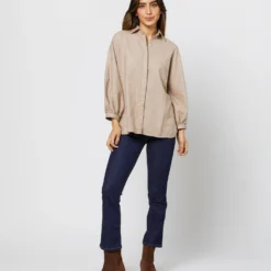 Volume Kimono Shirt In Camel Brushed Herringbone